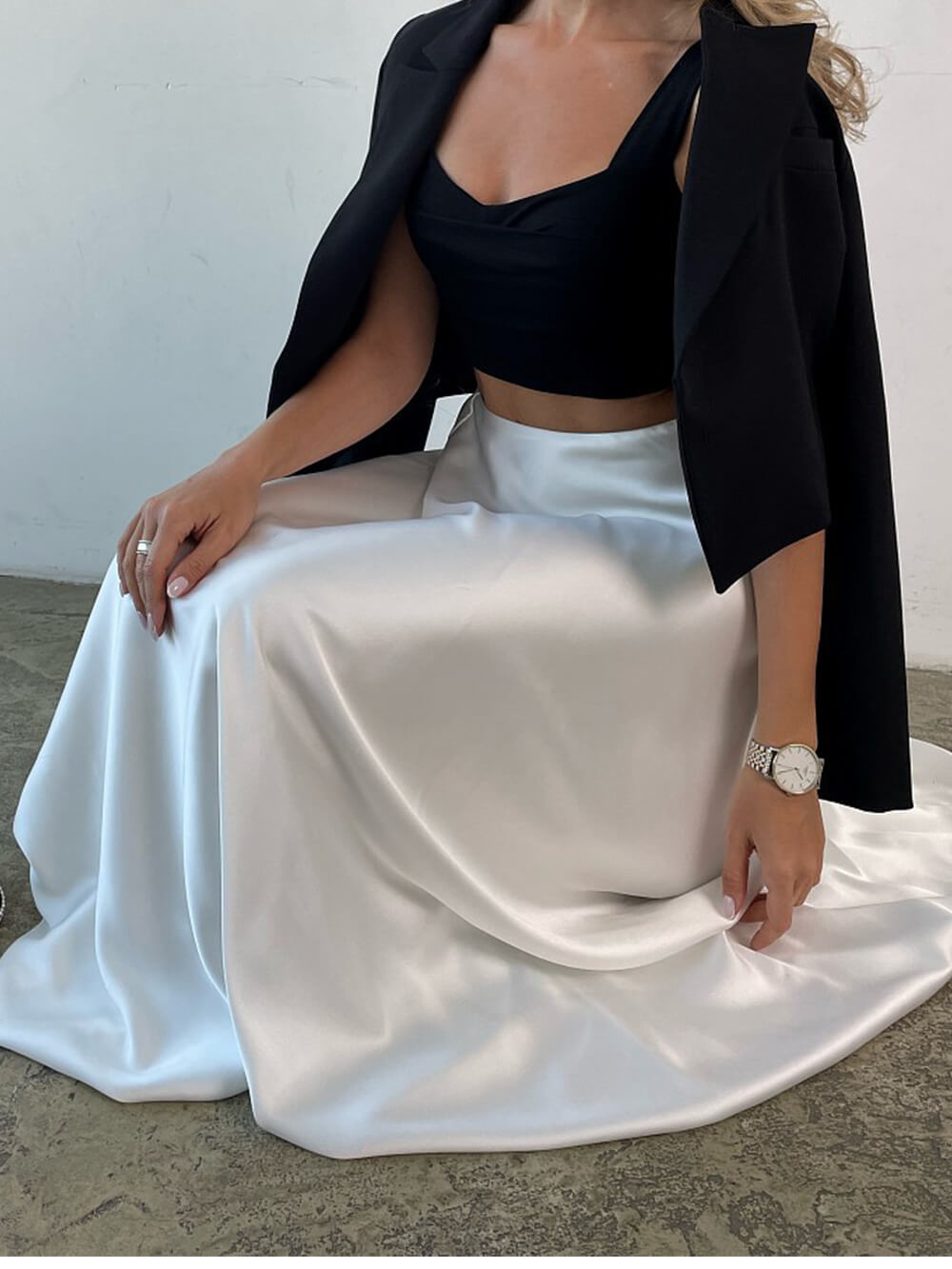 High-Waisted Draped Skirt in Acetate Satin Silk