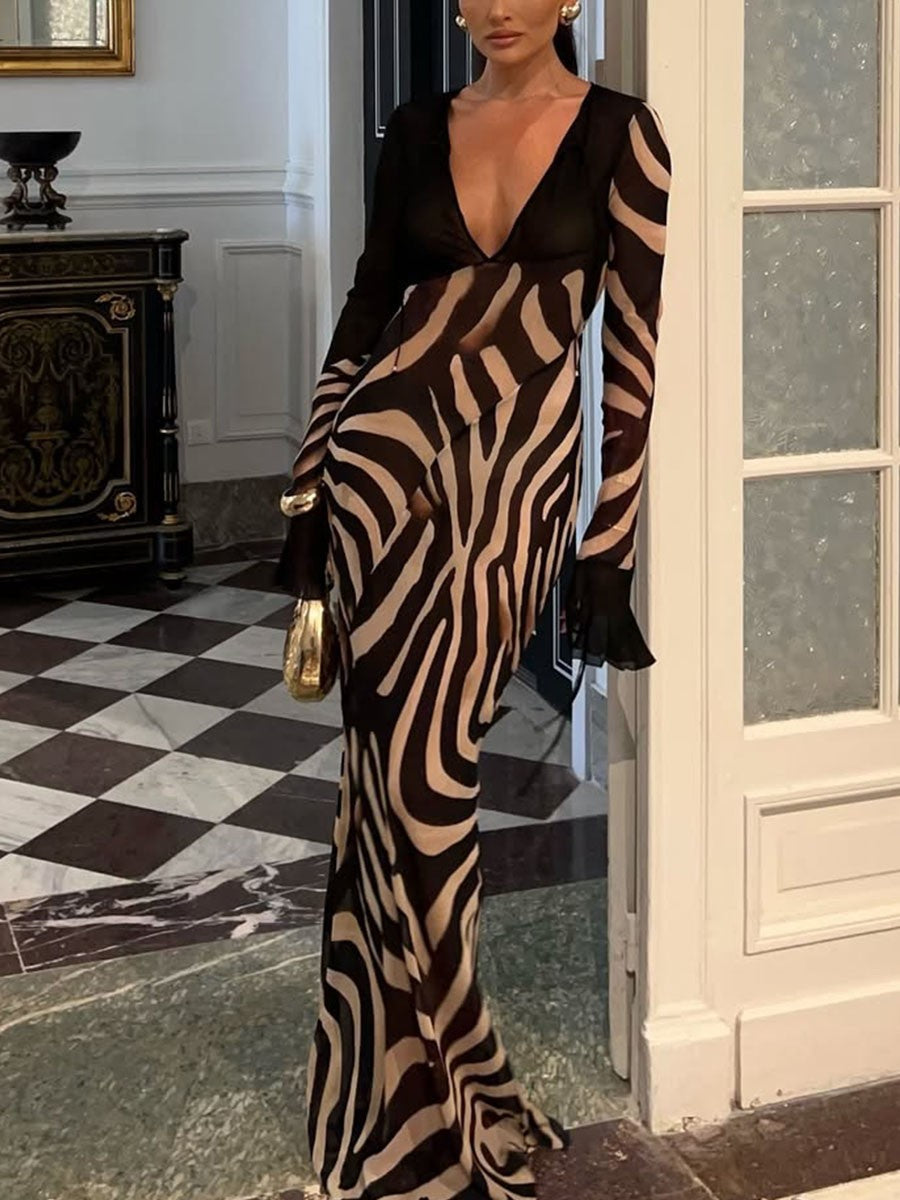 Zebra Print V-Neck Party Dress