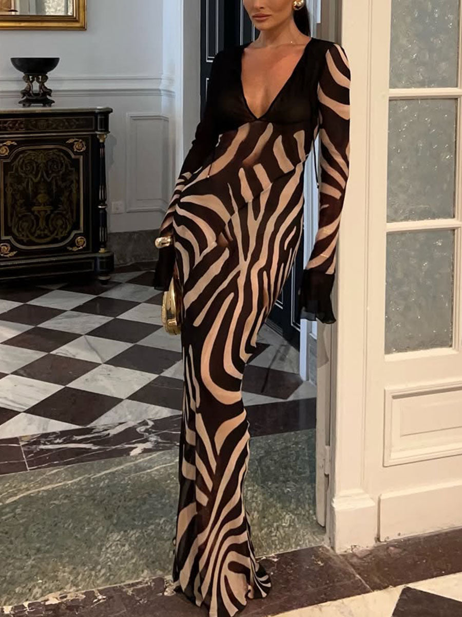 Zebra Print V-Neck Party Dress