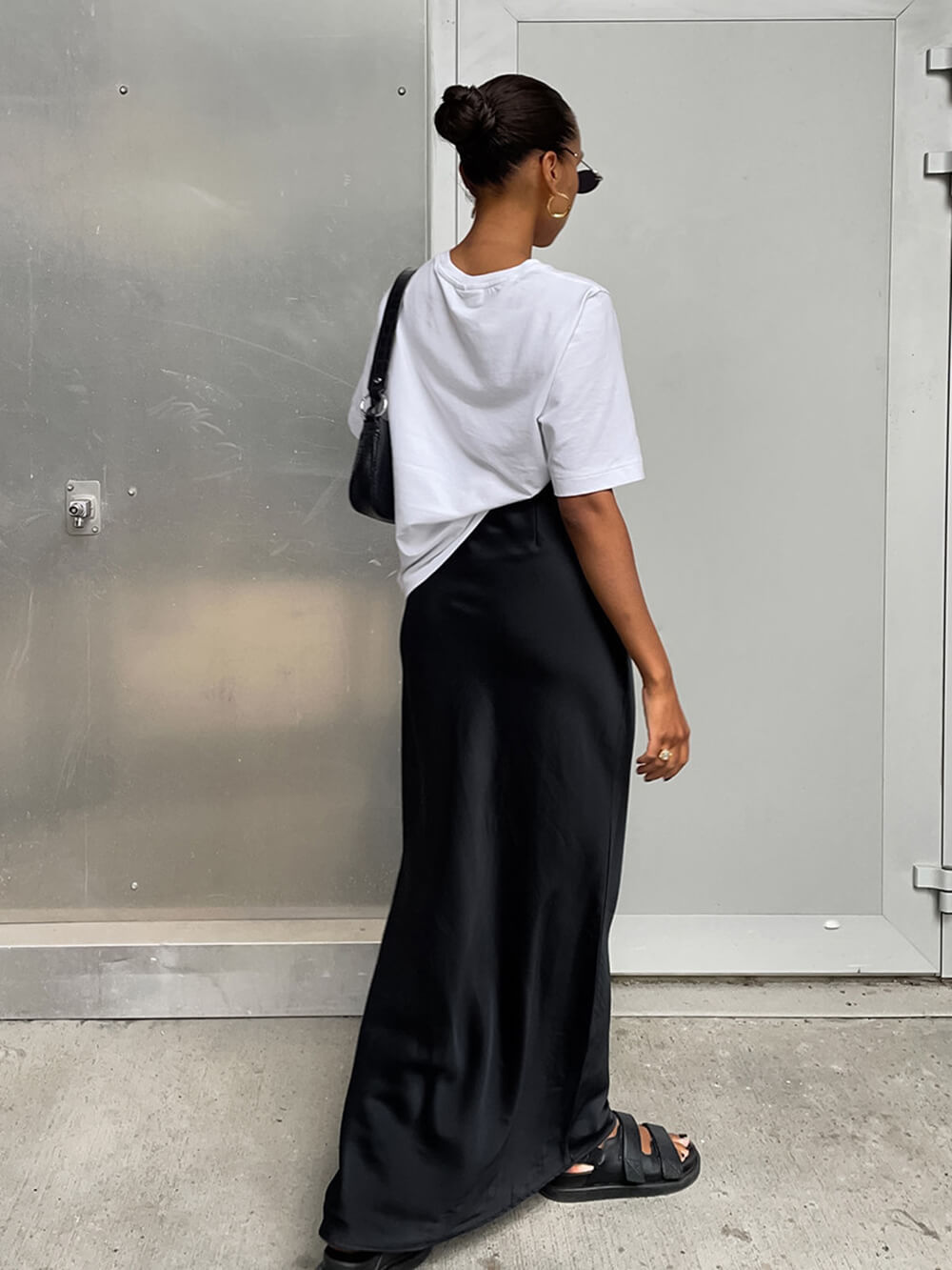 High Waist Black Satin Fishtail Skirt