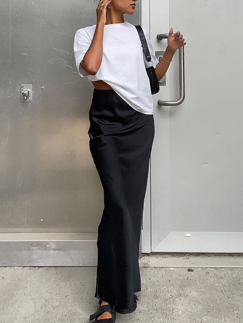 High Waist Black Satin Fishtail Skirt