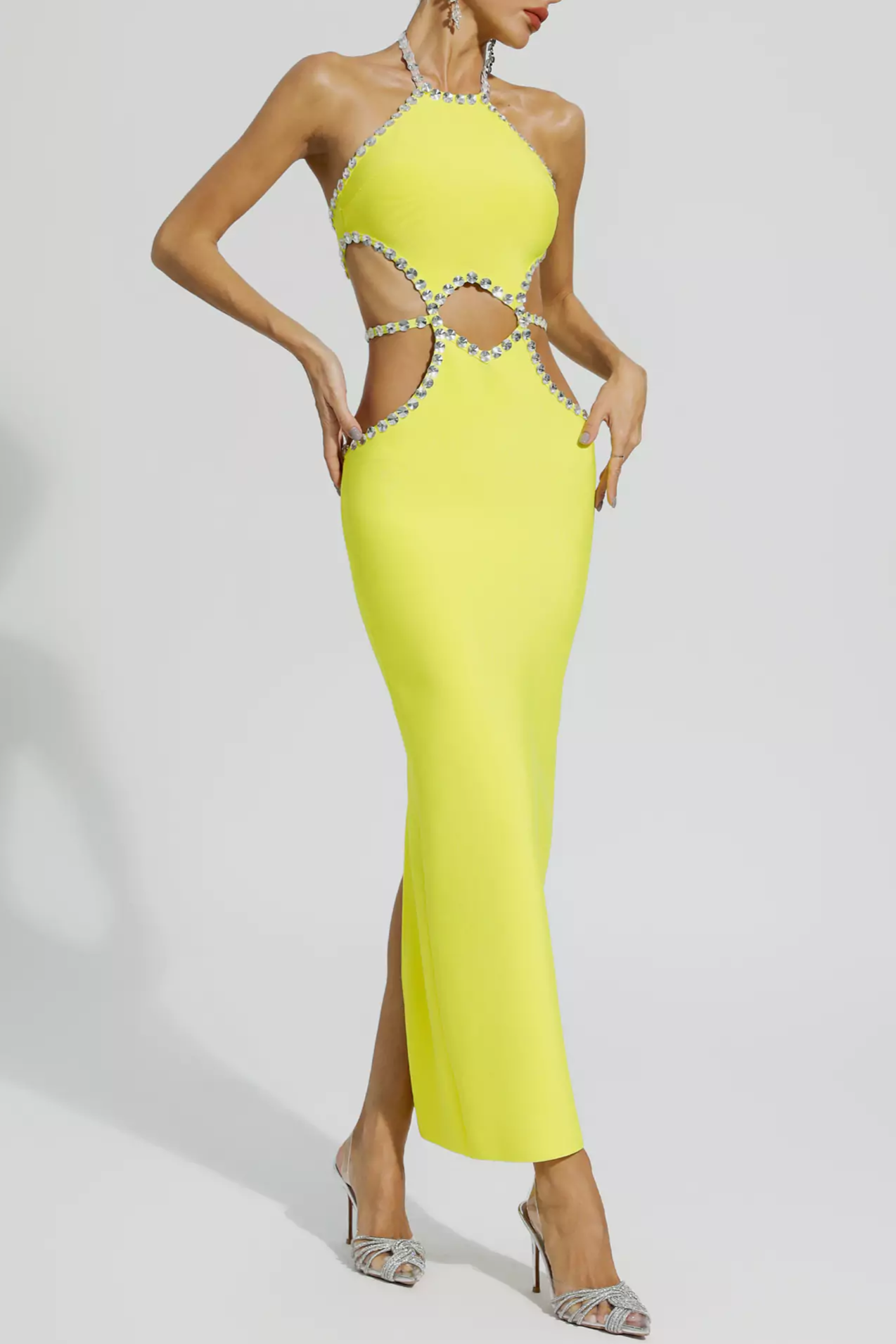 Rhinestone Cut-Out Halter Neck Maxi Dress