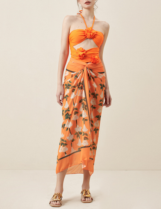 Floral 3D Halter Neck Cutout One-Piece Swimsuit with Matching Sarong