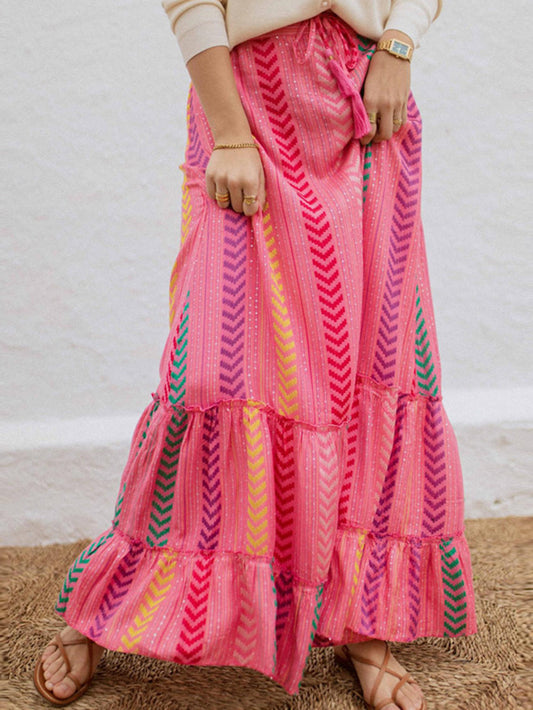 Chevron Print High-Waisted Drawstring Maxi Skirt with Flared Design