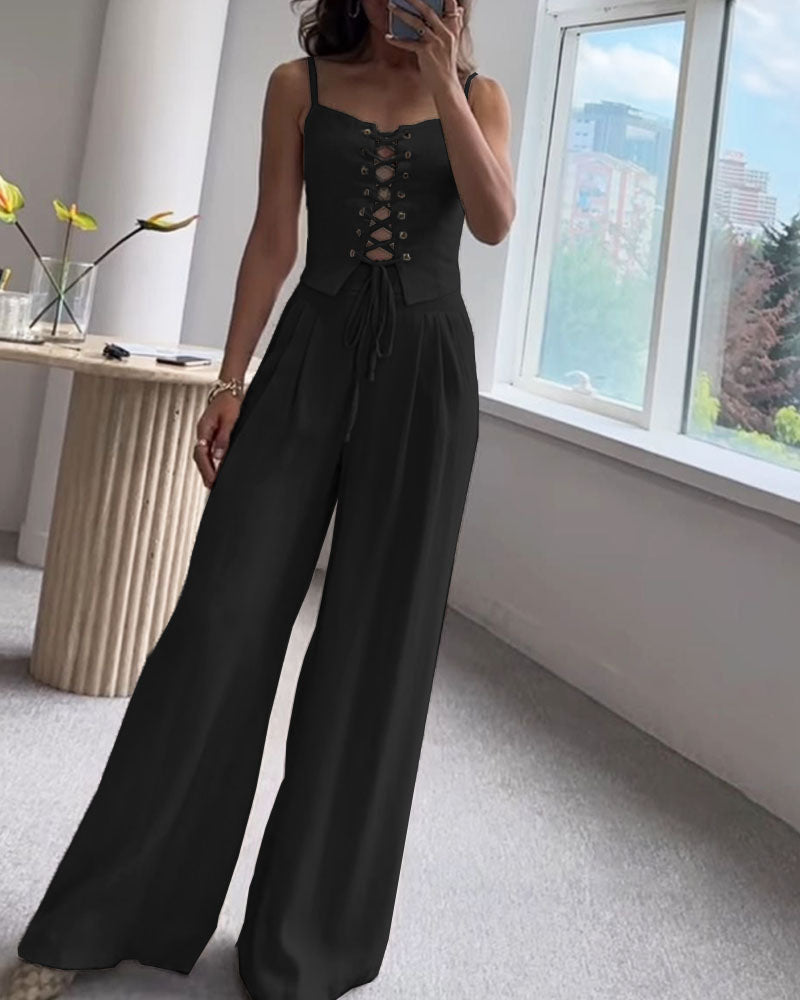 Versatile Commuter String Top and Pants Two-Piece Set