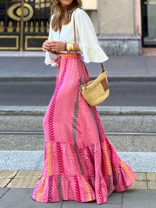 Chevron Print High-Waisted Drawstring Maxi Skirt with Flared Design
