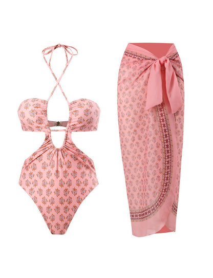 Printed Cutout One-Piece Swimsuit with Scarf