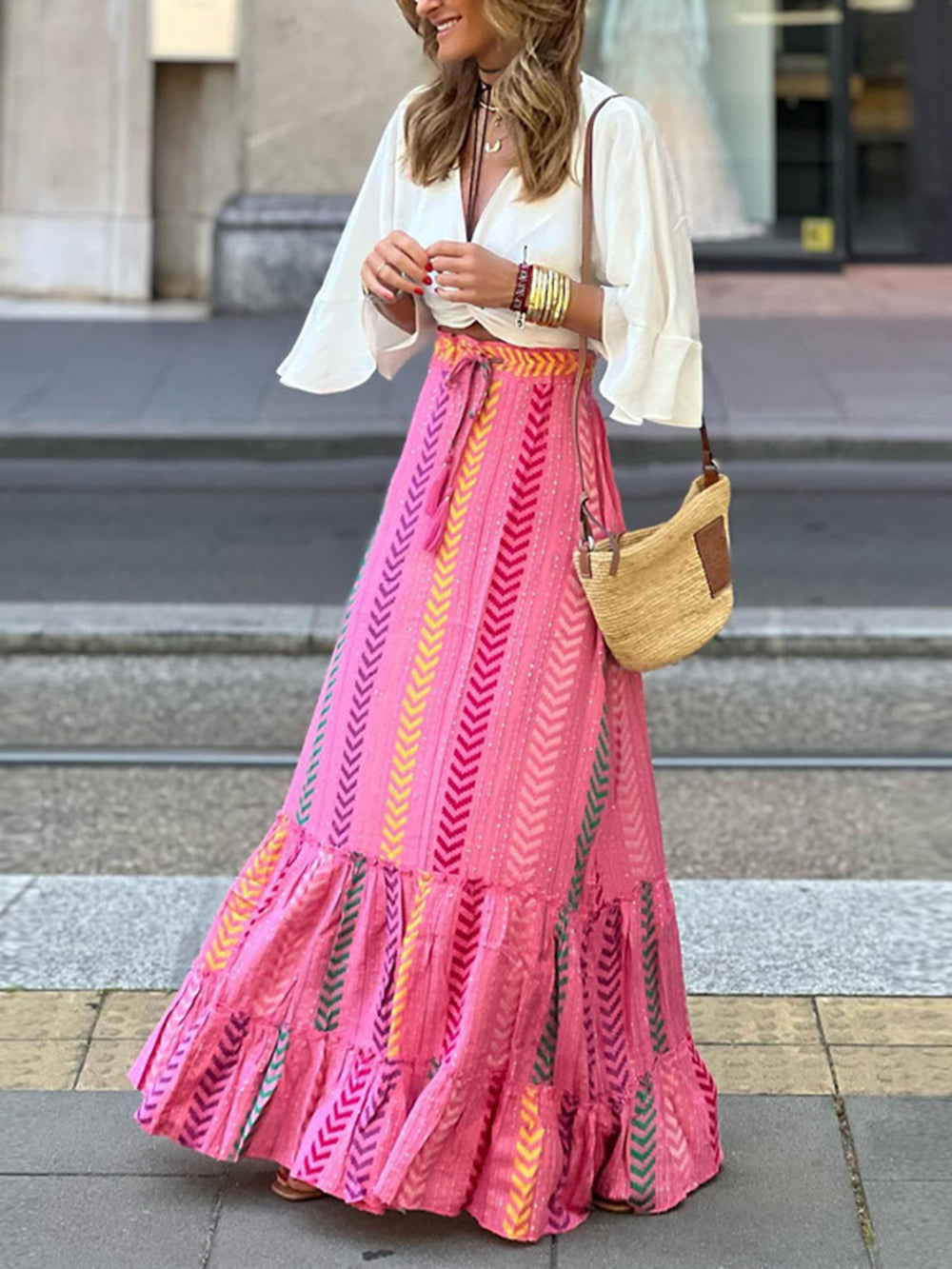 Chevron Print High-Waisted Drawstring Maxi Skirt with Flared Design