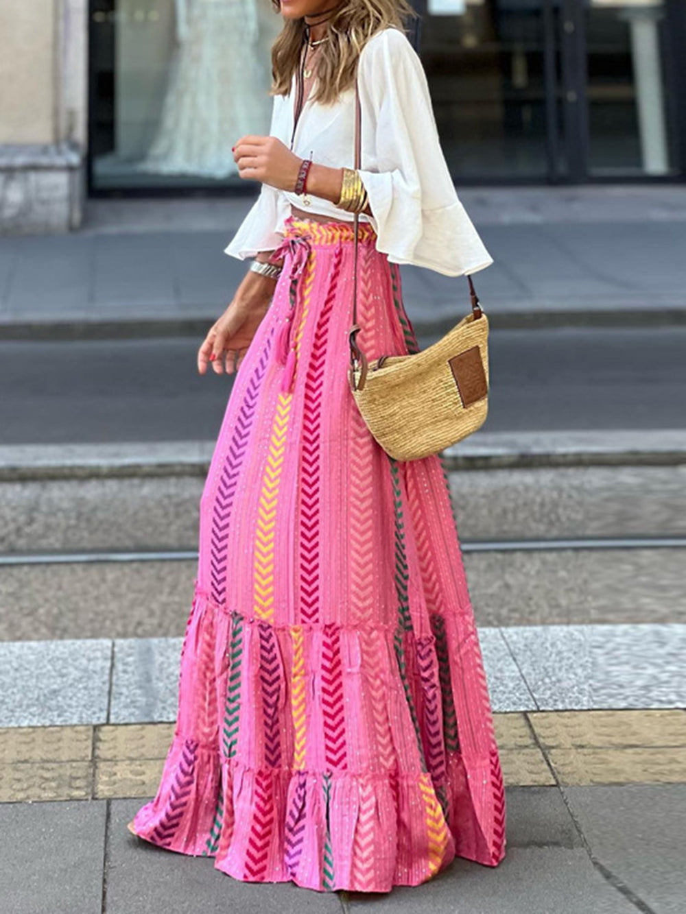 Chevron Print High-Waisted Drawstring Maxi Skirt with Flared Design