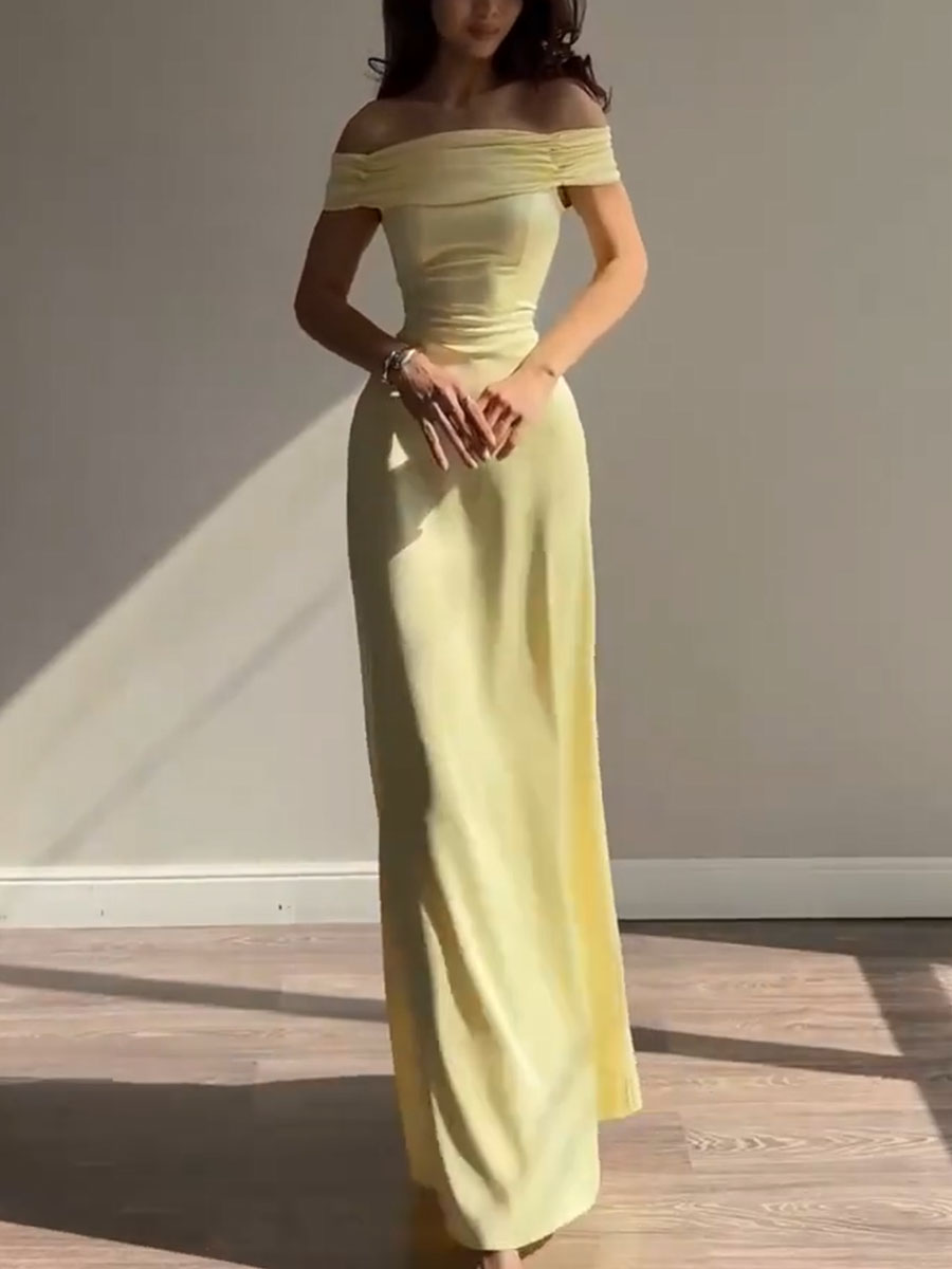 Strapless Yellow Evening Gown with Fitted Waist