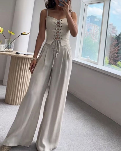Versatile Commuter String Top and Pants Two-Piece Set