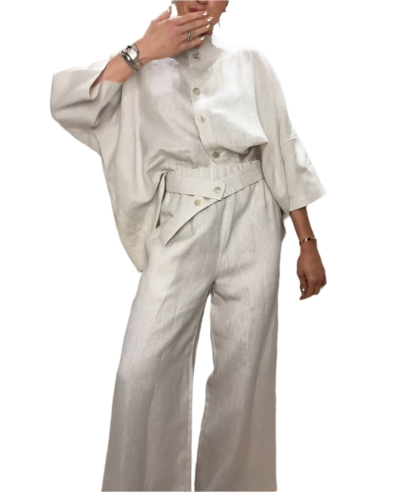 Stand collar design casual cotton and linen two-piece set
