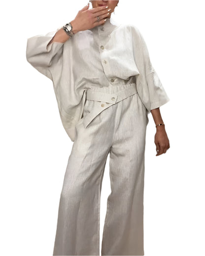 Stand collar design casual cotton and linen two-piece set