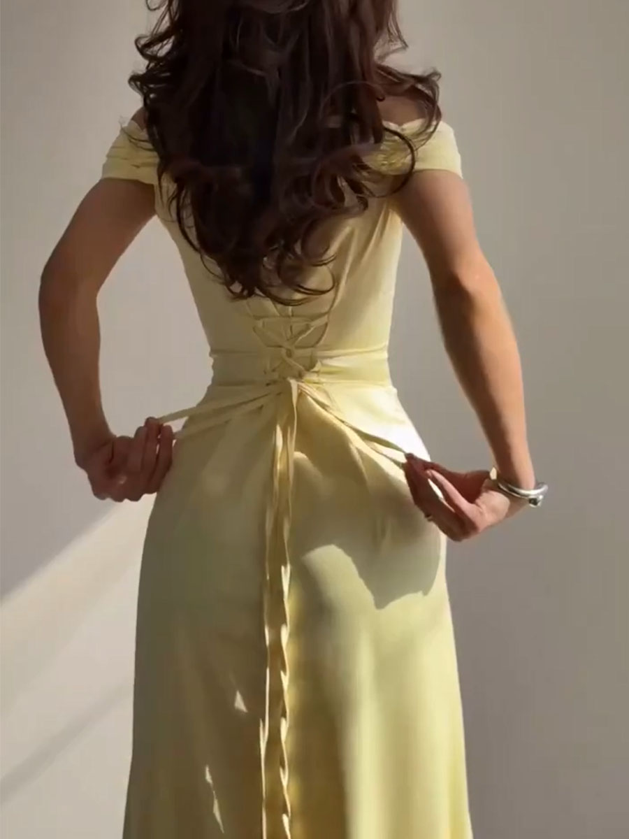Strapless Yellow Evening Gown with Fitted Waist