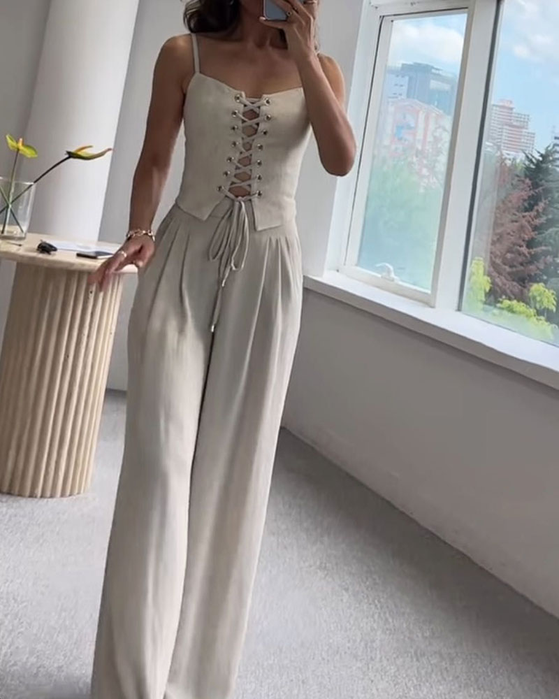 Versatile Commuter String Top and Pants Two-Piece Set