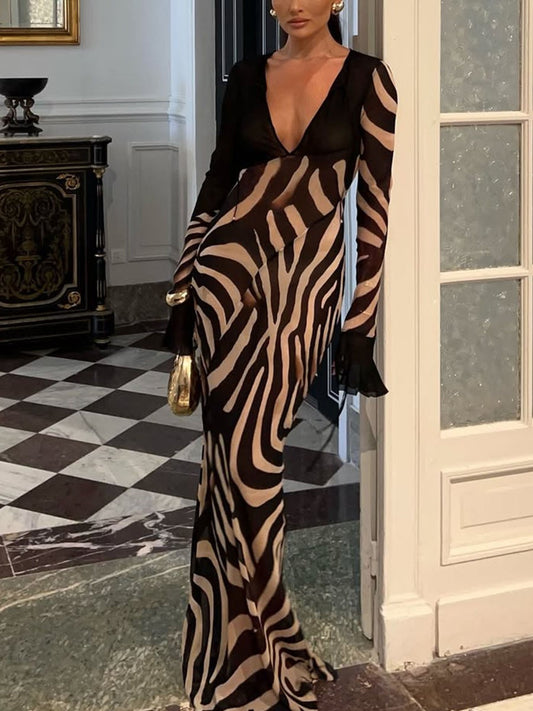 Zebra Print V-Neck Party Dress