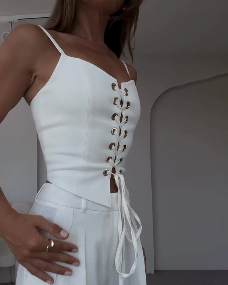 Versatile Commuter String Top and Pants Two-Piece Set