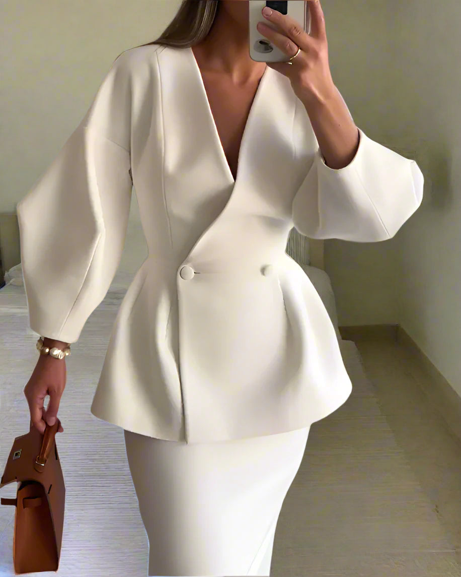 Fashion Solid Color V-Neck Top & Skirt Two-Piece Set