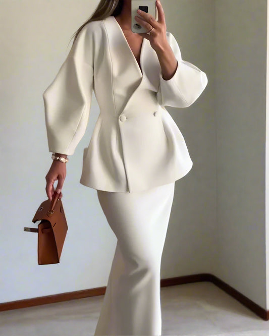 Fashion Solid Color V-Neck Top & Skirt Two-Piece Set