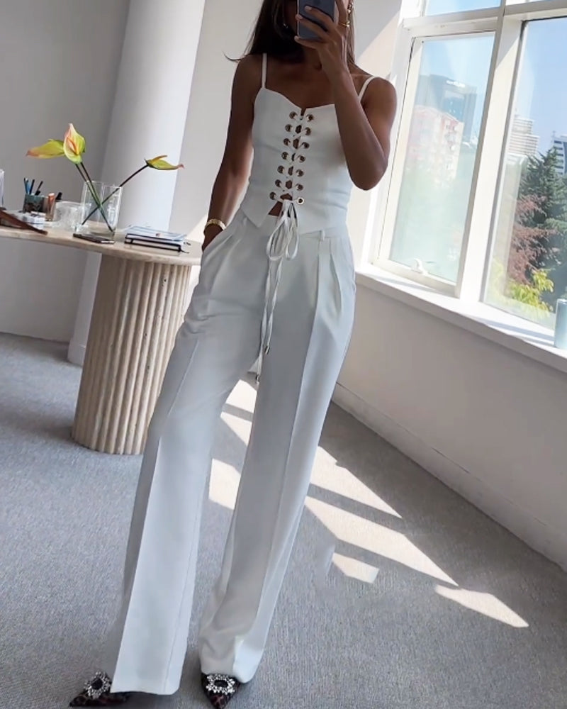 Versatile Commuter String Top and Pants Two-Piece Set