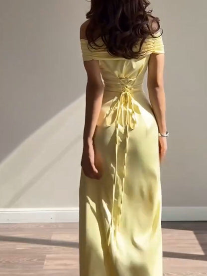 Strapless Yellow Evening Gown with Fitted Waist