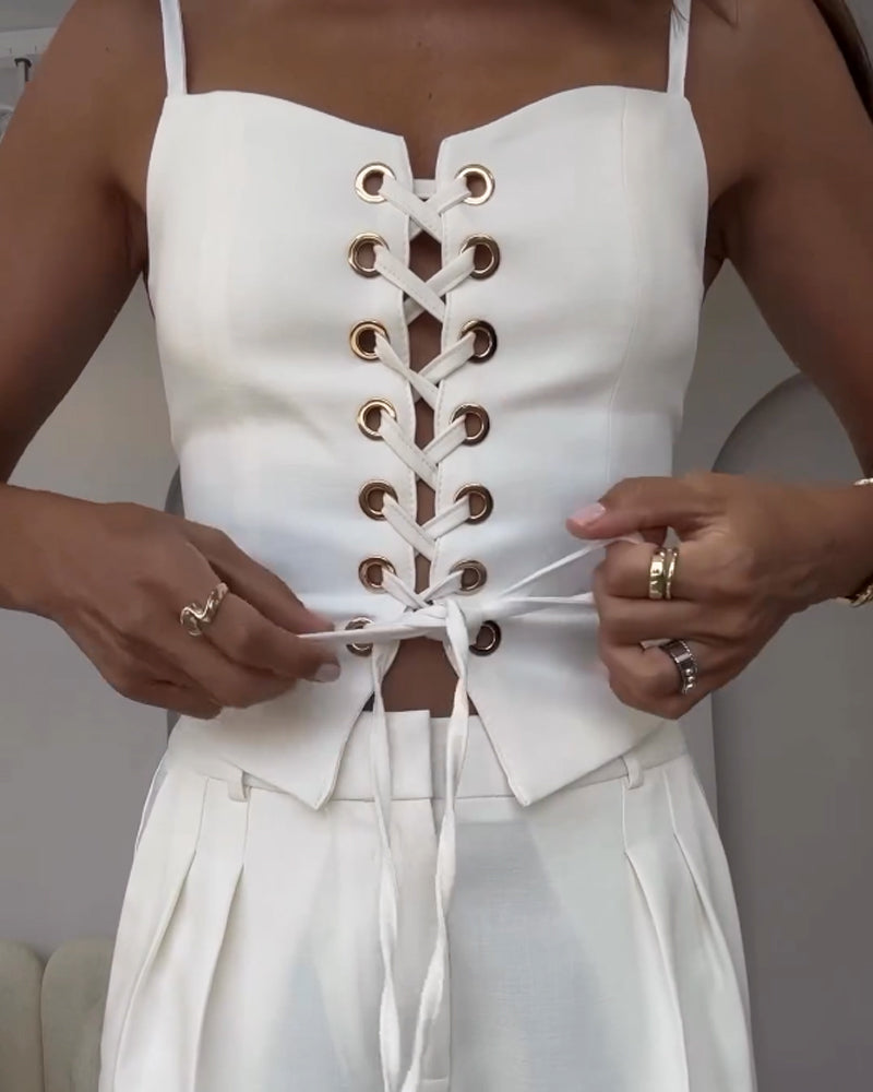 Versatile Commuter String Top and Pants Two-Piece Set