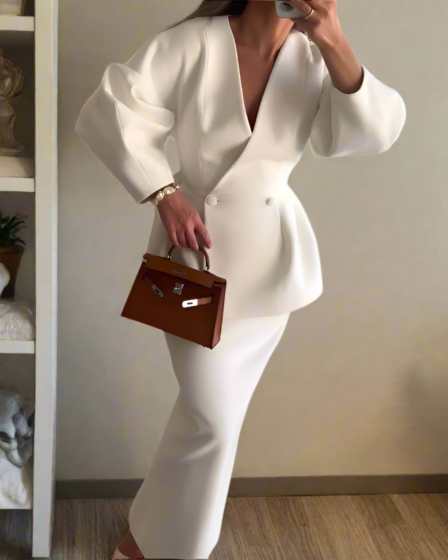 Fashion Solid Color V-Neck Top & Skirt Two-Piece Set