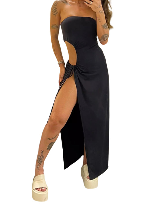 Bandeau Side Slit Tie Bodysuit Dress