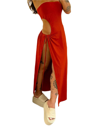 Bandeau Side Slit Tie Bodysuit Dress