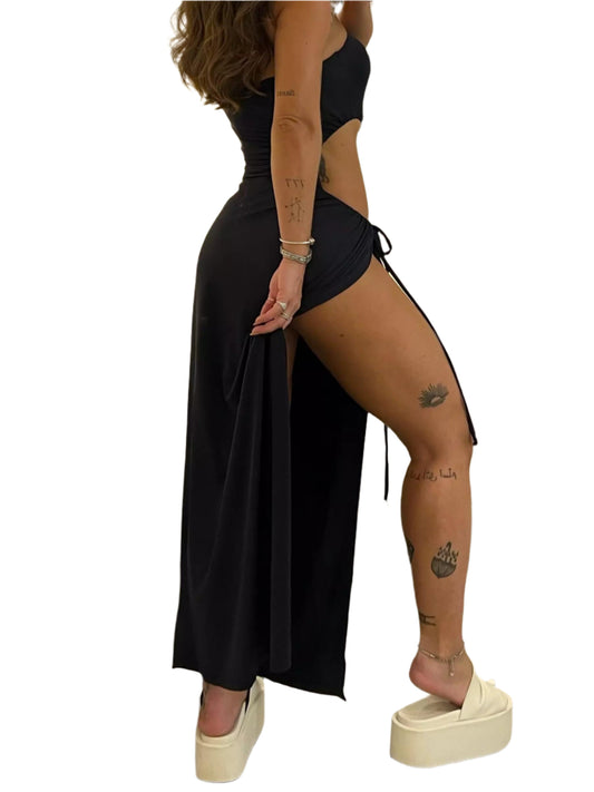 Bandeau Side Slit Tie Bodysuit Dress