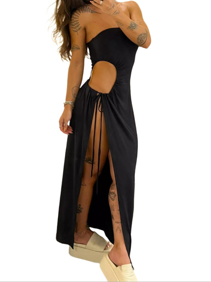 Bandeau Side Slit Tie Bodysuit Dress