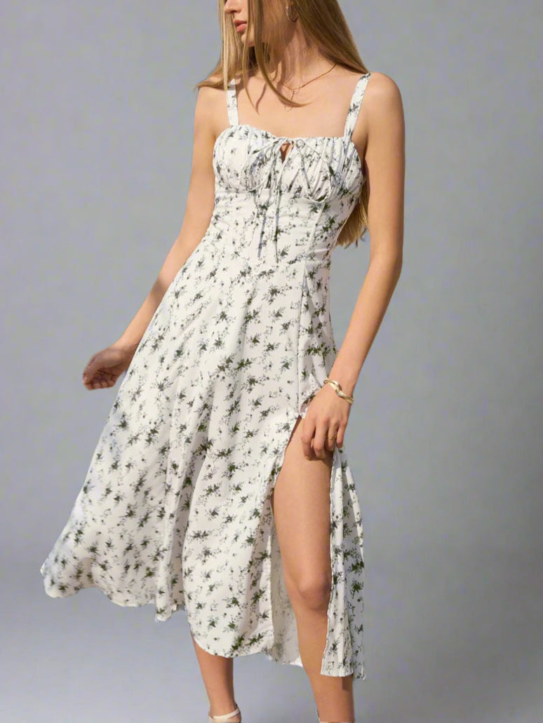 Ruched Bust Split Thigh Floral Cami Dress