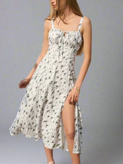 Ruched Bust Split Thigh Floral Cami Dress