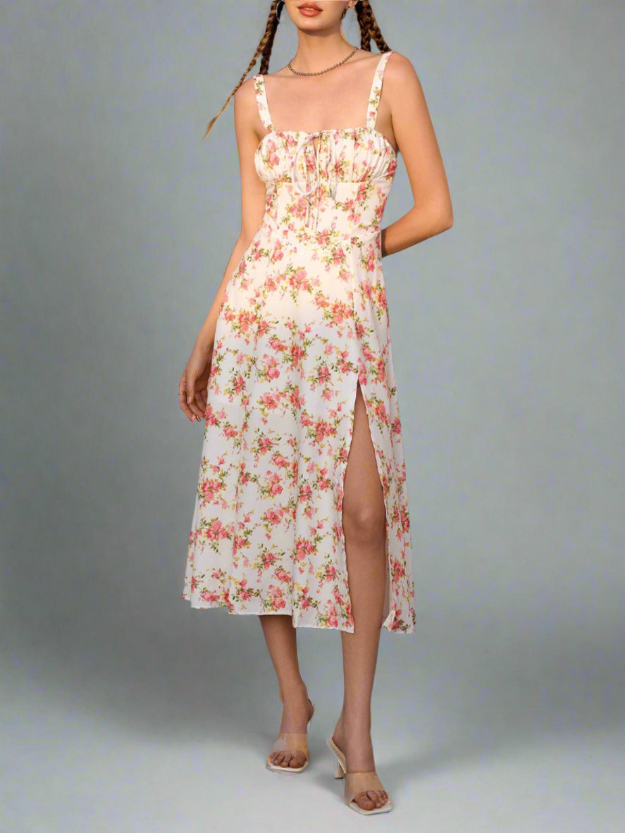 Ruched Bust Split Thigh Floral Cami Dress