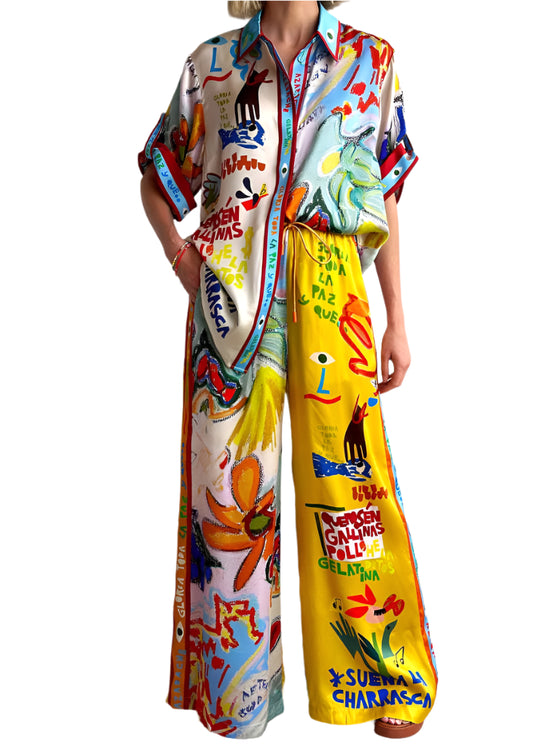 Collar Print Ice Silk Two Piece Set Summer