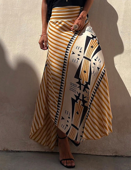 High-Waisted Striped Maxi Skirt with Asymmetrical Hem