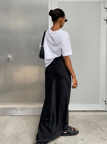 High Waist Black Satin Fishtail Skirt