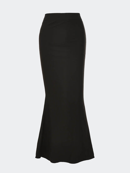 High Waist Black Satin Fishtail Skirt