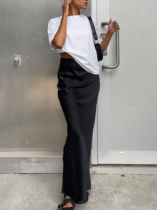 High Waist Black Satin Fishtail Skirt