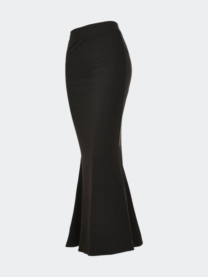 High Waist Black Satin Fishtail Skirt