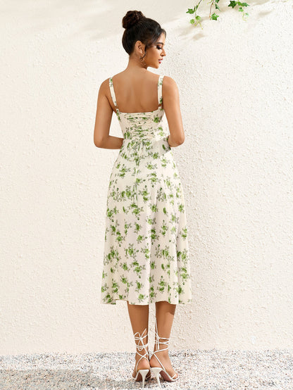 Ruched Bust Split Thigh Floral Cami Dress