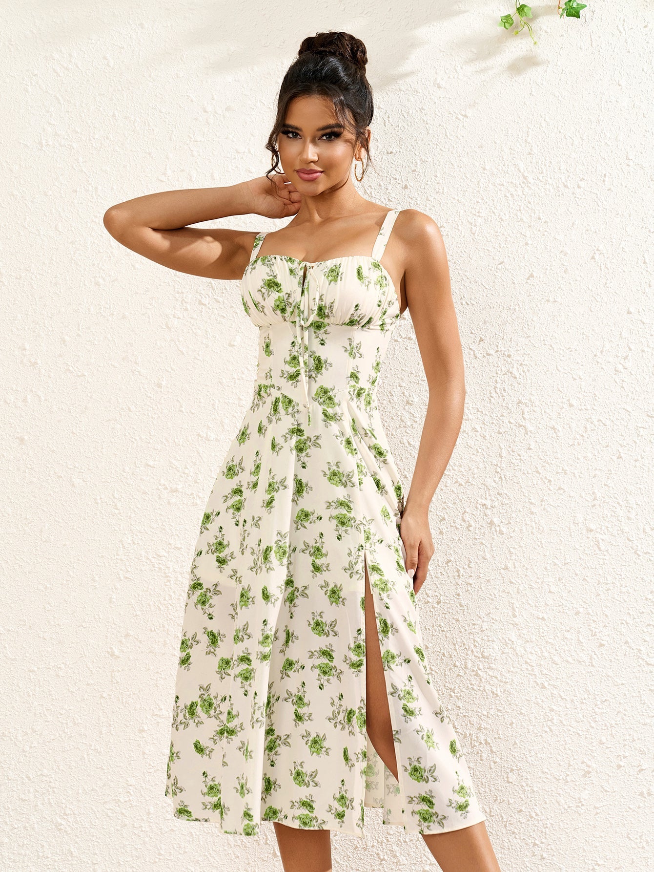Ruched Bust Split Thigh Floral Cami Dress