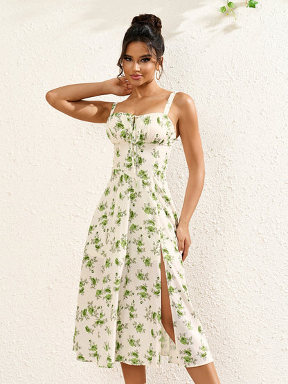 Ruched Bust Split Thigh Floral Cami Dress