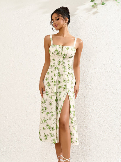 Ruched Bust Split Thigh Floral Cami Dress
