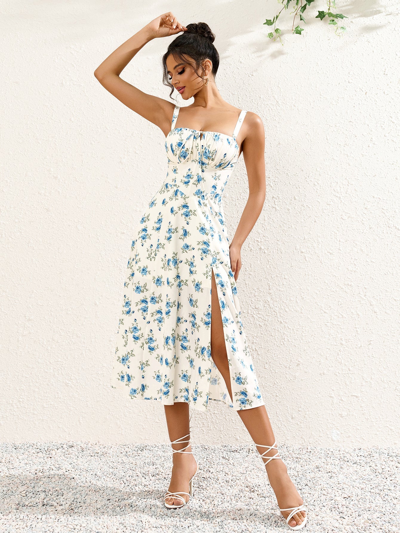 Ruched Bust Split Thigh Floral Cami Dress