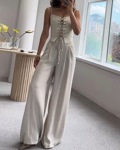 Versatile Commuter String Top and Pants Two-Piece Set