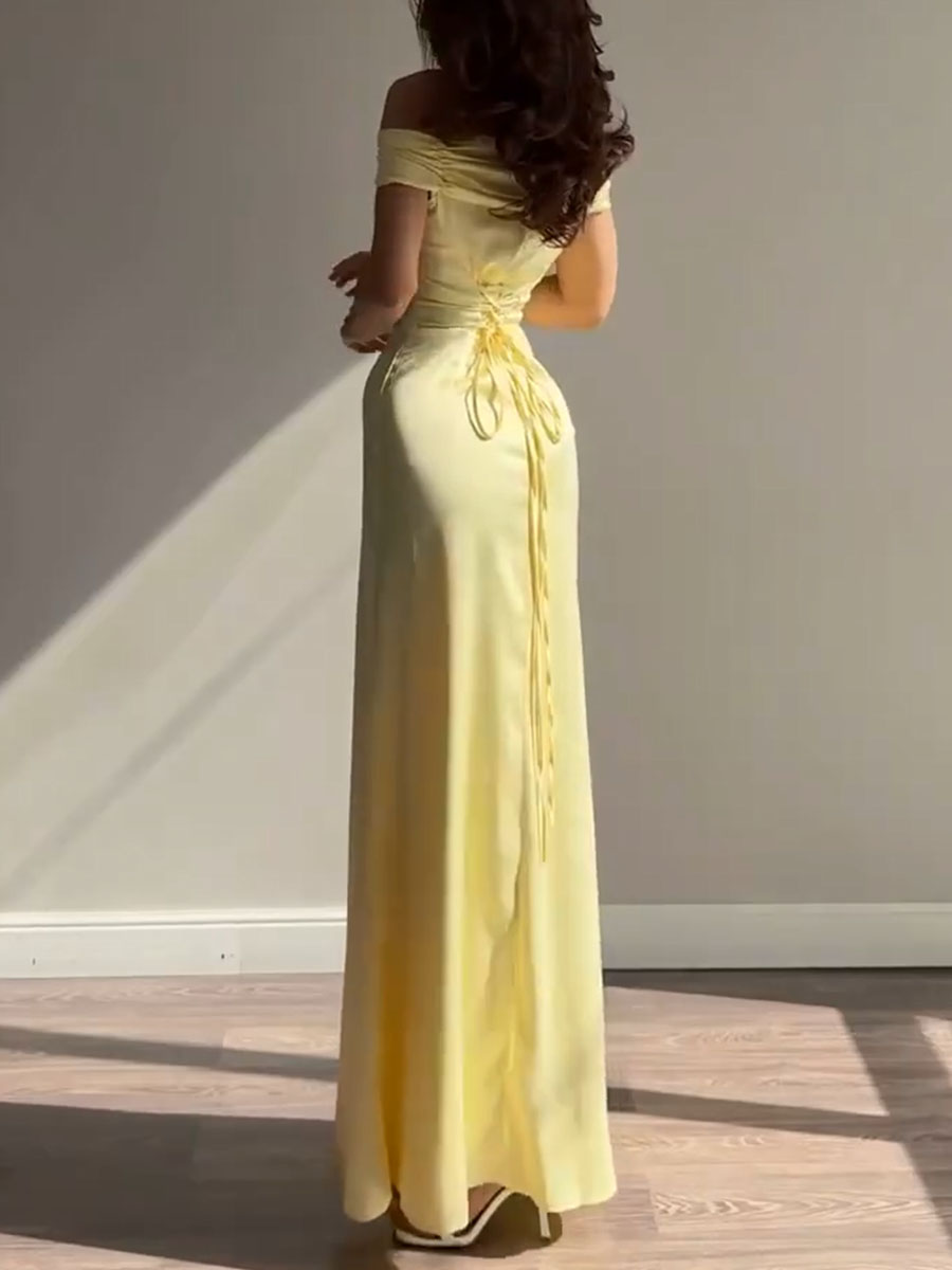 Strapless Yellow Evening Gown with Fitted Waist