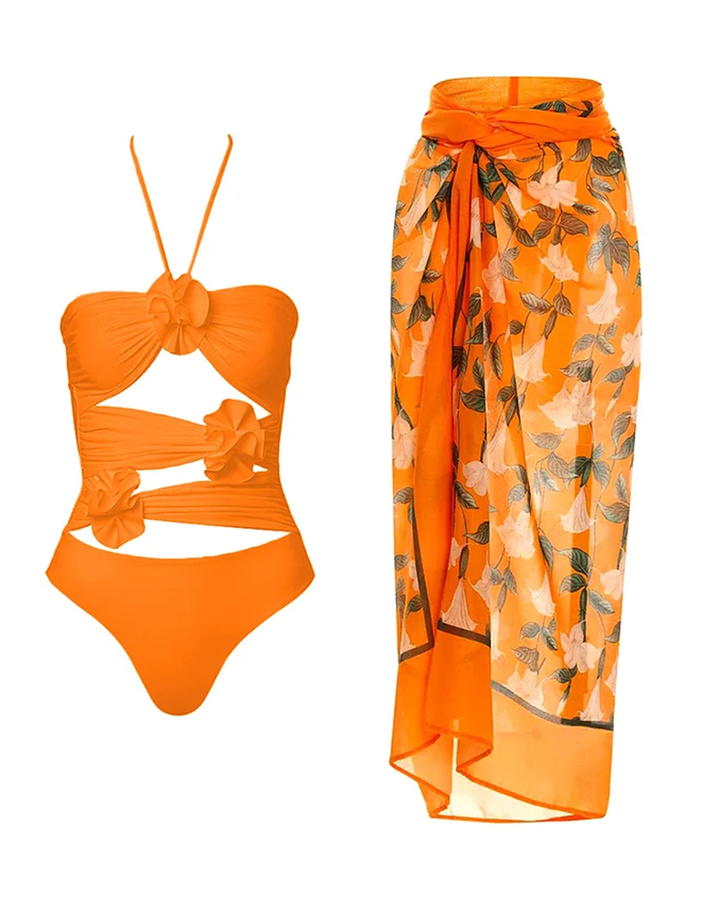 Floral 3D Halter Neck Cutout One-Piece Swimsuit with Matching Sarong