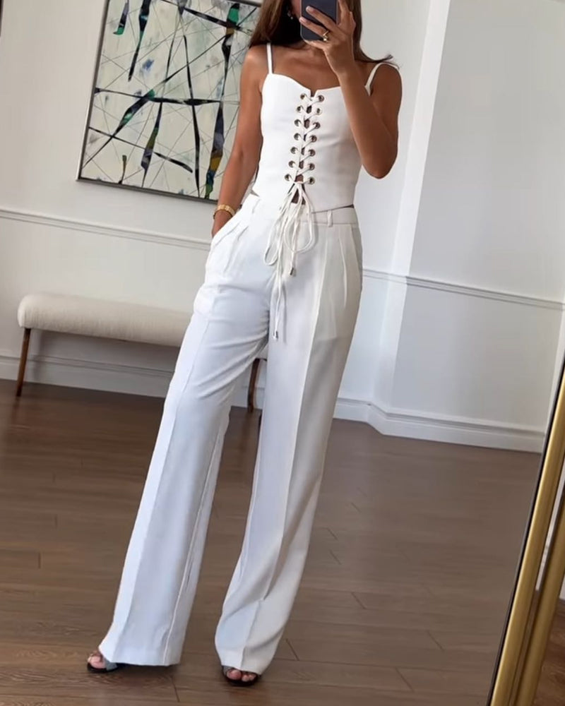 Versatile Commuter String Top and Pants Two-Piece Set