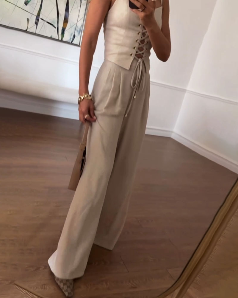 Versatile Commuter String Top and Pants Two-Piece Set